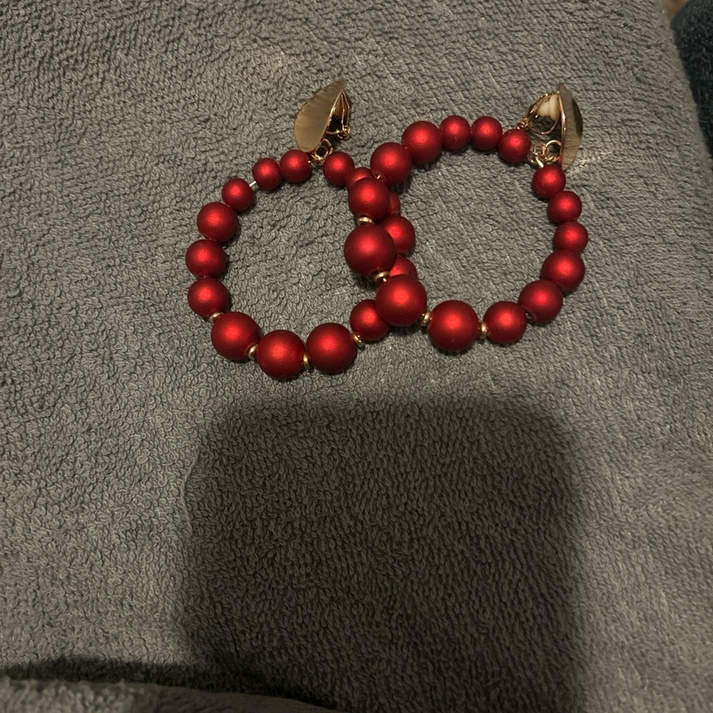 Red Beaded Hoop Earrings - Women's Fashion Jewelry